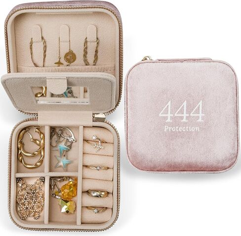 Travel Jewelry Case Organizer with Velvet Angel Number 444, Mirror & Message Card | Compact Jewelry Box Gift for Girlfriends, Women, Teens, Girls | Jewelry Lovers | Portable Jewelry Storage for Travel in Saudi Arabia
