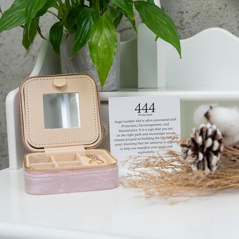 Travel Jewelry Case Organizer with Velvet Angel Number 444, Mirror & Message Card | Compact Jewelry Box Gift for Girlfriends, Women, Teens, Girls | Jewelry Lovers | Portable Jewelry Storage for Travel in Saudi Arabia