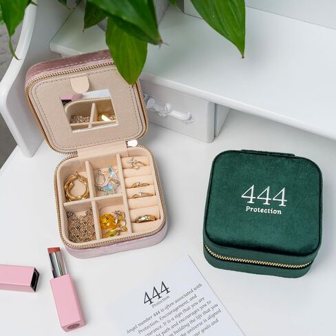 Travel Jewelry Case Organizer with Velvet Angel Number 444, Mirror & Message Card | Compact Jewelry Box Gift for Girlfriends, Women, Teens, Girls | Jewelry Lovers | Portable Jewelry Storage for Travel in Saudi Arabia