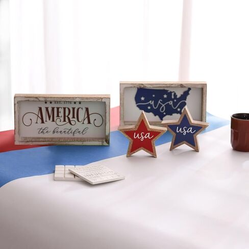 Rustic America the Beautiful Wooden Sign, Patriotic 4th of July Decorations for Home, Fourth of July Table Decorations for Table Shelf Mantel, July 4th Decor for Indoor in Kuwait