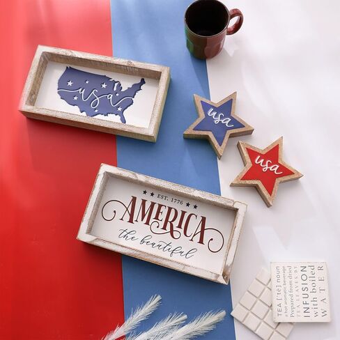 Rustic America the Beautiful Wooden Sign, Patriotic 4th of July Decorations for Home, Fourth of July Table Decorations for Table Shelf Mantel, July 4th Decor for Indoor in Kuwait