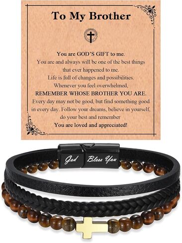 Cross Leather Tiger Eye Stone Bracelet GOD BLESS YOU Gifts for Son Grandson Nephew Brother Friend -Easter Graduation Christmas Valentines Fathers Day Birthday Gifts for Boys Teens Men in Kuwait