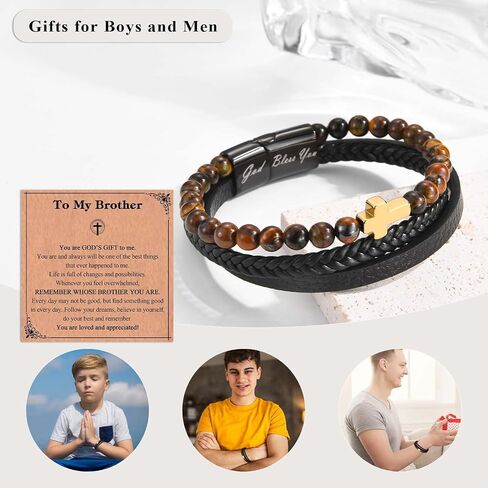 Cross Leather Tiger Eye Stone Bracelet GOD BLESS YOU Gifts for Son Grandson Nephew Brother Friend -Easter Graduation Christmas Valentines Fathers Day Birthday Gifts for Boys Teens Men in Kuwait