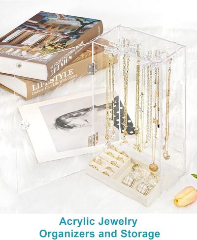Necklace Holder Organizer, Acrylic Jewelry Organizer, Rotating Clear Necklaces Display Box with Built-in Mirror, Dust-proof Jewelry Storage Case with Velvet Tray, Great Gift for Women Girls in Saudi Arabia