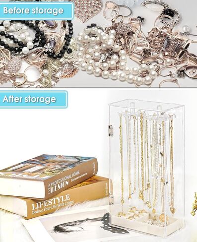Necklace Holder Organizer, Acrylic Jewelry Organizer, Rotating Clear Necklaces Display Box with Built-in Mirror, Dust-proof Jewelry Storage Case with Velvet Tray, Great Gift for Women Girls in Saudi Arabia