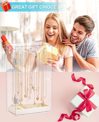 Necklace Holder Organizer, Acrylic Jewelry Organizer, Rotating Clear Necklaces Display Box with Built-in Mirror, Dust-proof Jewelry Storage Case with Velvet Tray, Great Gift for Women Girls in Saudi Arabia