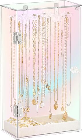 Necklace Holder Organizer, Acrylic Jewelry Organizer, Rotating Clear Necklaces Display Box with Built-in Mirror, Dust-proof Jewelry Storage Case with Velvet Tray, Great Gift for Women Girls in Saudi Arabia