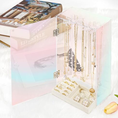 Necklace Holder Organizer, Acrylic Jewelry Organizer, Rotating Clear Necklaces Display Box with Built-in Mirror, Dust-proof Jewelry Storage Case with Velvet Tray, Great Gift for Women Girls in Saudi Arabia