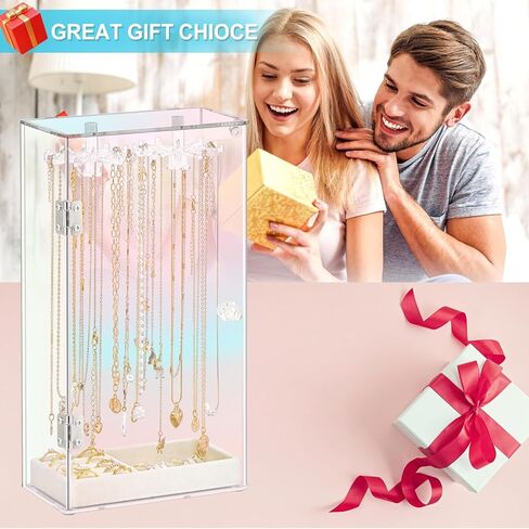 Necklace Holder Organizer, Acrylic Jewelry Organizer, Rotating Clear Necklaces Display Box with Built-in Mirror, Dust-proof Jewelry Storage Case with Velvet Tray, Great Gift for Women Girls in Saudi Arabia
