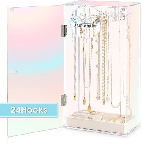 Necklace Holder Organizer, Acrylic Jewelry Organizer, Rotating Clear Necklaces Display Box with Built-in Mirror, Dust-proof Jewelry Storage Case with Velvet Tray, Great Gift for Women Girls in Saudi Arabia