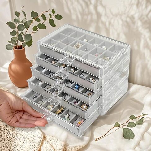 Acrylic Earring Holder Organizer with 5 Drawers Clear Earring Organizer Box with 90 Adjustable Grids Velvet Earring Display Case Jewelry Organizer for Earrings Rings Studs (Beige) in Saudi Arabia