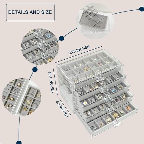 Acrylic Earring Holder Organizer with 5 Drawers Clear Earring Organizer Box with 90 Adjustable Grids Velvet Earring Display Case Jewelry Organizer for Earrings Rings Studs (Beige) in Saudi Arabia