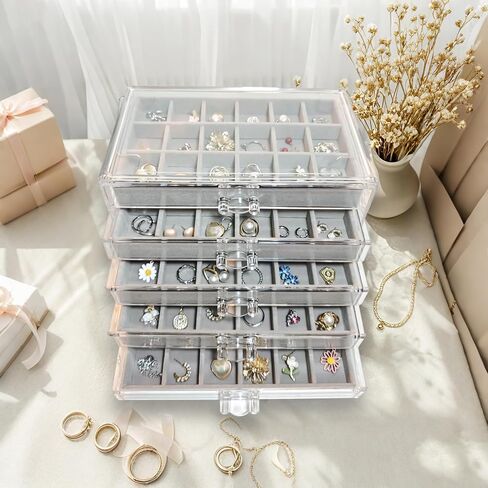 Acrylic Earring Holder Organizer with 5 Drawers Clear Earring Organizer Box with 90 Adjustable Grids Velvet Earring Display Case Jewelry Organizer for Earrings Rings Studs (Beige) in Saudi Arabia