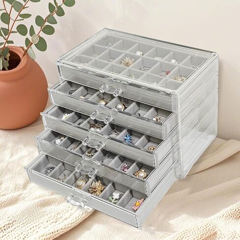 Acrylic Earring Holder Organizer with 5 Drawers Clear Earring Organizer Box with 90 Adjustable Grids Velvet Earring Display Case Jewelry Organizer for Earrings Rings Studs (Beige) in Saudi Arabia