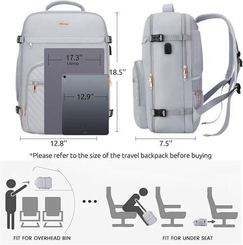 Travel Backpack for Women, Carry On Backpack for Airplanes Flight Approved, Waterproof Large Weekender Overnight Bag Fit 17 Inch Laptop with USB Charging Port, Black in Saudi Arabia