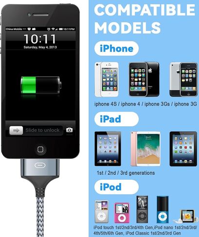 Herfair USB to 30 Pin Charger Cable Nylon Braided USB Charging Cord Compatible with i-Phone 4/4s/3G/3GS, iPad 1 2 3, iPod Touch 4 3 2 1, iPod Classic 3 2 1 (3FT) in Saudi Arabia