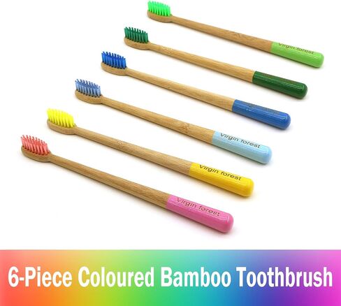 Virgin Forest 6 Pcs Biodegradable Bamboo Toothbrushes, Natural Eco-Friendly BPA-Free Toothbrushes, Best Travel Wood Toothbrush Set for Sensitive Gums in Kuwait