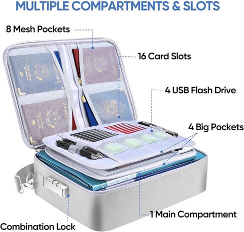 BALEINE Fireproof Document Bag with Lock, Portable Waterproof Fire Proof File Organizer Box, File Storage Bag Safe Box for Important Paperwork (Silver) in Kuwait