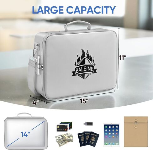 BALEINE Fireproof Document Bag with Lock, Portable Waterproof Fire Proof File Organizer Box, File Storage Bag Safe Box for Important Paperwork (Silver) in Kuwait