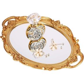 9.8 x 14Inch Gold Mirror Tray, Perfume Tray, Oval Shape Wall Mirror, Vintage Look for Coquette Room Decoration (Gold)