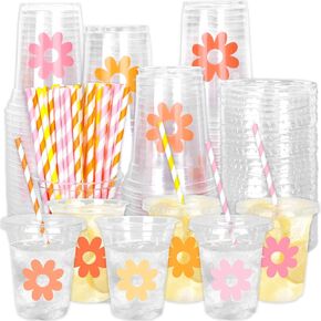 Whaline 60Pcs Halloween Disposable Plastic Cups with Lids and Straws 12oz Jack-O-Lantern Pumpkin Cold Beverage Drinking Cups for Trick or Treat Party Supplies