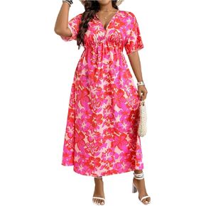 Floerns Women's Plus Size Boho Floral V Neck Short Sleeve A Line Long Dress