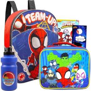 مجموعة حقيبة ظهر وحقيبة غداء من Spidey and His Amazing Friends - حزمة مع حقيبة ظهر صغيرة Spidey and His Friends مقاس 11 بوصة، وصندوق غداء Spiderman، وزجاجة مياه، ووشم مؤقت، والمزيد | حقيبة ظهر Spidey للأطفال الصغار