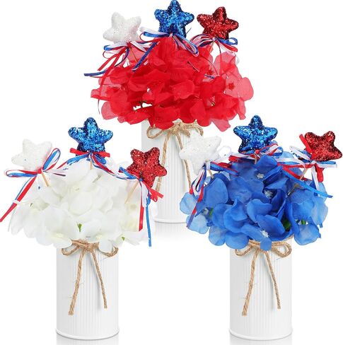 3 Sets Labor Day Decoration Red White Blue Artificial Hydrangeas Flower with Vase Labor Day Memorial Day Patriotic Table Decorations with Glitter Stars Picks for Home Office(Iron Color) in Saudi Arabia