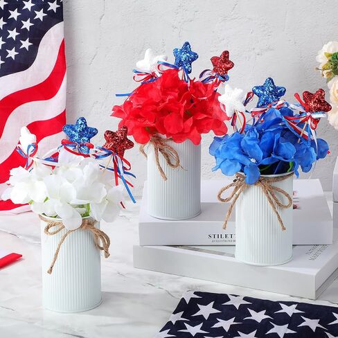 3 Sets Labor Day Decoration Red White Blue Artificial Hydrangeas Flower with Vase Labor Day Memorial Day Patriotic Table Decorations with Glitter Stars Picks for Home Office(Iron Color) in Saudi Arabia