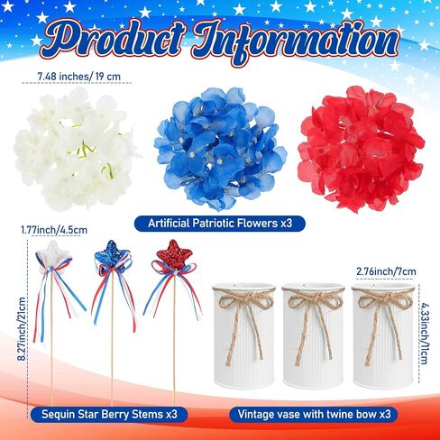 3 Sets Labor Day Decoration Red White Blue Artificial Hydrangeas Flower with Vase Labor Day Memorial Day Patriotic Table Decorations with Glitter Stars Picks for Home Office(Iron Color) in Saudi Arabia