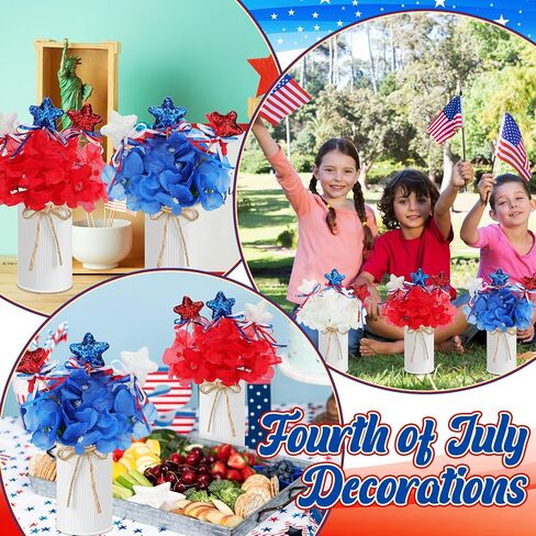 3 Sets Labor Day Decoration Red White Blue Artificial Hydrangeas Flower with Vase Labor Day Memorial Day Patriotic Table Decorations with Glitter Stars Picks for Home Office(Iron Color) in Saudi Arabia