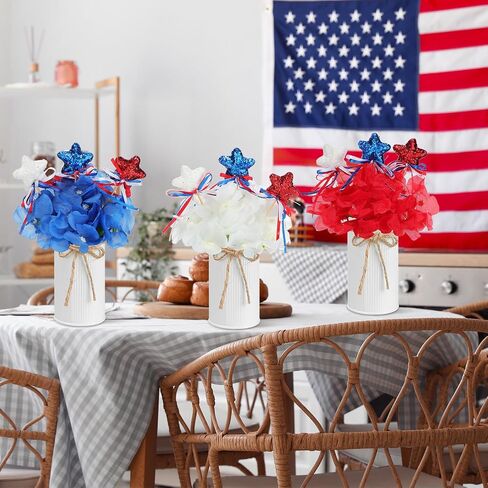 3 Sets Labor Day Decoration Red White Blue Artificial Hydrangeas Flower with Vase Labor Day Memorial Day Patriotic Table Decorations with Glitter Stars Picks for Home Office(Iron Color) in Saudi Arabia