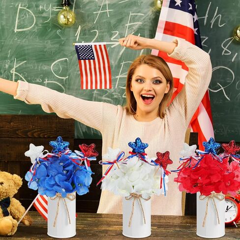 3 Sets Labor Day Decoration Red White Blue Artificial Hydrangeas Flower with Vase Labor Day Memorial Day Patriotic Table Decorations with Glitter Stars Picks for Home Office(Iron Color) in Saudi Arabia