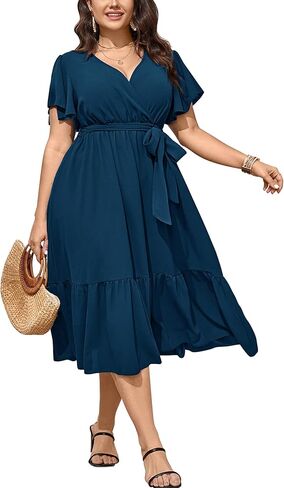 Womens Plus Size Wedding Guest Dresses Summer Wrap V Neck Short Sleeve Belted Ruffle Hem A-Line Flowy Maxi Dress in Kuwait