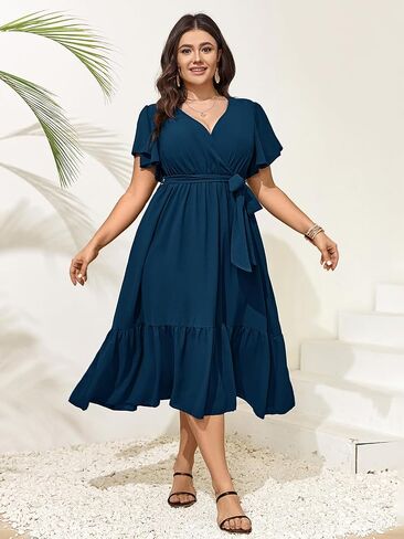 Womens Plus Size Wedding Guest Dresses Summer Wrap V Neck Short Sleeve Belted Ruffle Hem A-Line Flowy Maxi Dress in Kuwait