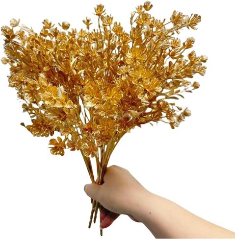 Rikyo 4 Bunches Gold Boston Fern Bush Plant,14" Tropical Greenery Bush Embellishing Holiday Florals,Indoor Outside Party for Flower,Christmas Flower Wreaths,Wedding Backdrop Arch Wall (Gold-1) in Saudi Arabia