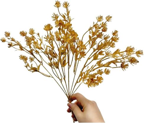 Rikyo 4 Bunches Gold Boston Fern Bush Plant,14" Tropical Greenery Bush Embellishing Holiday Florals,Indoor Outside Party for Flower,Christmas Flower Wreaths,Wedding Backdrop Arch Wall (Gold-1) in Saudi Arabia