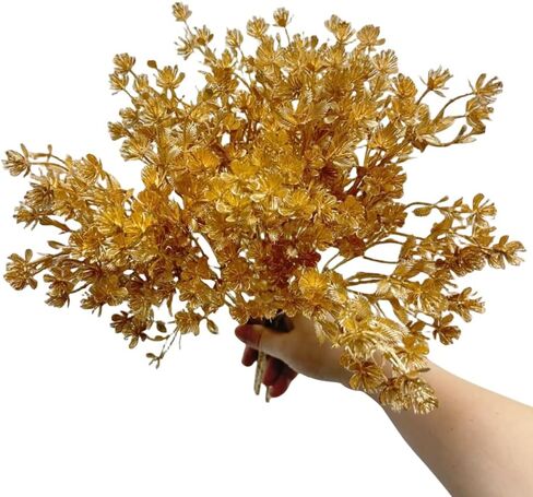 Rikyo 4 Bunches Gold Boston Fern Bush Plant,14" Tropical Greenery Bush Embellishing Holiday Florals,Indoor Outside Party for Flower,Christmas Flower Wreaths,Wedding Backdrop Arch Wall (Gold-1) in Saudi Arabia