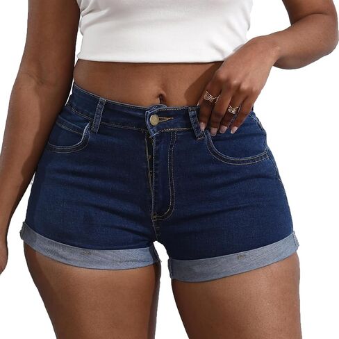 Yyibsones Women's Casual Stretchy Denim Shorts High Waisted Folded Hem Jeans Shorts in Kuwait