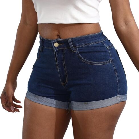 Yyibsones Women's Casual Stretchy Denim Shorts High Waisted Folded Hem Jeans Shorts in Kuwait
