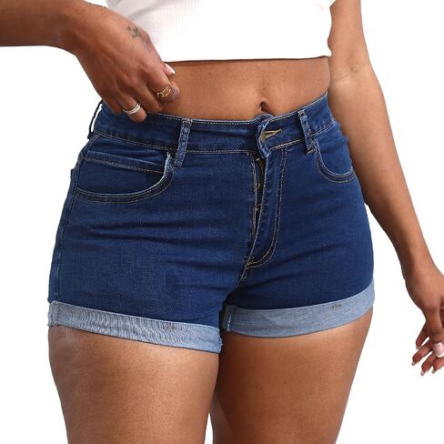Yyibsones Women's Casual Stretchy Denim Shorts High Waisted Folded Hem Jeans Shorts in Kuwait