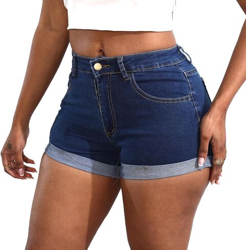 Yyibsones Women's Casual Stretchy Denim Shorts High Waisted Folded Hem Jeans Shorts in Kuwait