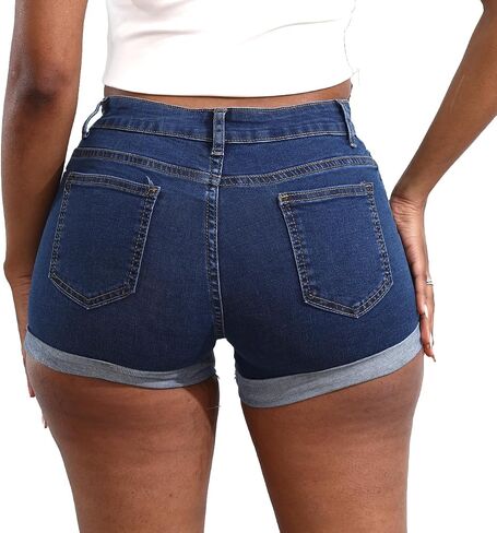 Yyibsones Women's Casual Stretchy Denim Shorts High Waisted Folded Hem Jeans Shorts in Kuwait