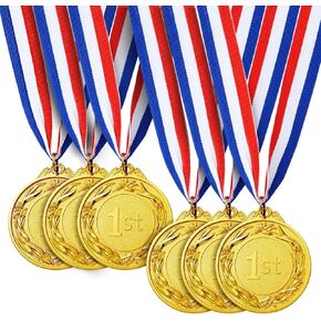 Juvale 6 Pack 1st Place Gold Medals with 16 Inch Neck Ribbon for Awards, Sports Tournaments, Soccer, Baseball (Round, Metal, 2.5 Inch Diameter)