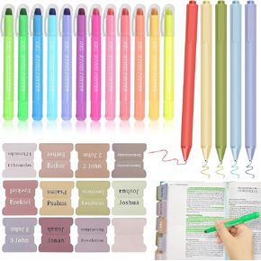 12 Bright No Bleed Bible Gel Highlighters & 5 Pens with 90 Laminated Bible Tabs, Aesthetic Bible Journaling Kit School Supplies for Women & Men(73 Pre-Printed & 17 Blank Tabs)