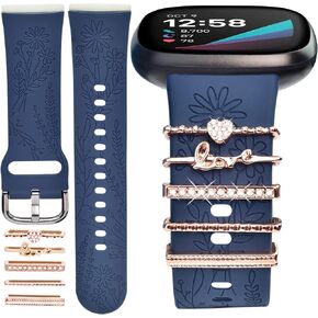 Engraved Silicone Band & Charms Compatible with Fitbit Versa 3/ Versa 4/ Sense/Sense 2 for Women, Soft Floral Sport Wristbands Replacement Strap with Ring Loops for Fitbit Versa 3/4 Bands Women