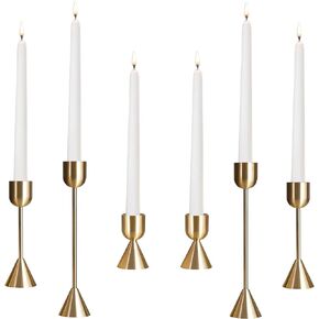 Gold Taper Modern Candlestick Holders 6 Pcs - Set of 6 Brass Holders - Fits 3/4 Inch Thick Candles & LED Candles - 3 Heights - Doublesided & Reversable Candle Holders