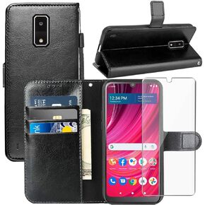 for BLU View 4 Case,with Screen Protector,PU Leather Wrist Strap Card Slots Shockproof Protective Flip Cover Phone Wallet Case for BLU View 4 / BLu View 2 2023 B135DL, Black