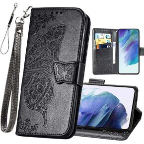 حافظة محفظة مصممة لهاتف Galaxy S21 FE 5G، غطاء قابل للطي للسيدات مع مسند من جلد البولي يوريثان منقوش على شكل فراشة وحامل بطاقة مع حزام معصم مغناطيسي لهاتف Samsung Galaxy S21 FE 6.4 بوصة (أرجواني) in Kuwait