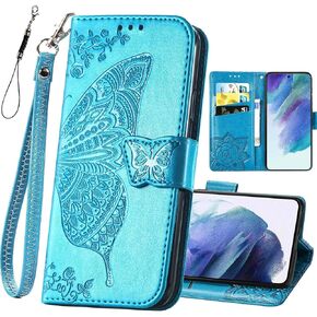 for Galaxy S21 FE 5G Wallet Case,Women Flip Folio Cover with Butterfly Embossed PU Leather Stand Card Holder Magnetic Wrist Strap Phone Case for Samsung Galaxy S21 FE 6.4" (Black)